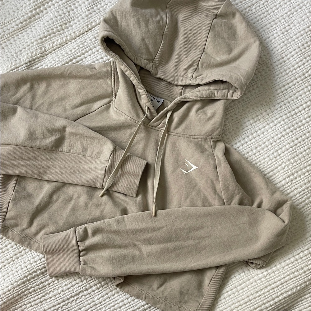 Gymshark Beige Cropped Hoodie with White Logo